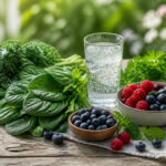 Fraicheur et bien etre fruits legumes et eau petillante