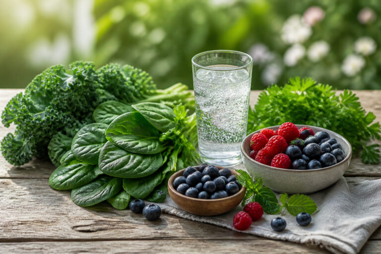 Fraicheur et bien etre fruits legumes et eau petillante