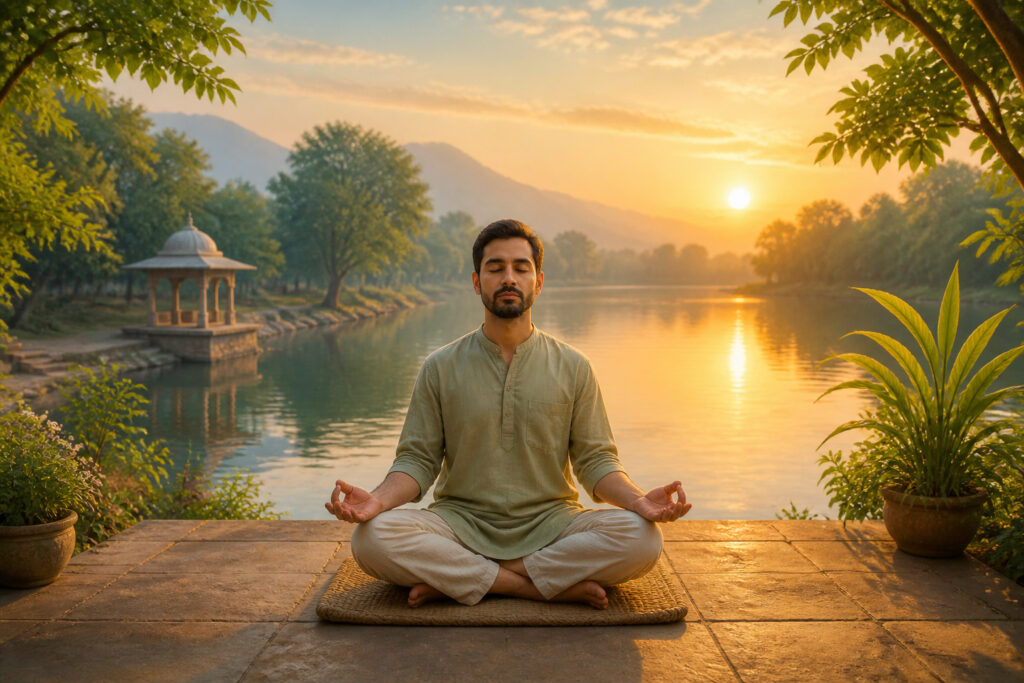 Homme meditant au bord du lac au lever du soleil