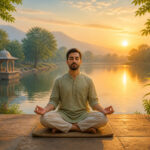Homme meditant au bord du lac au lever du soleil