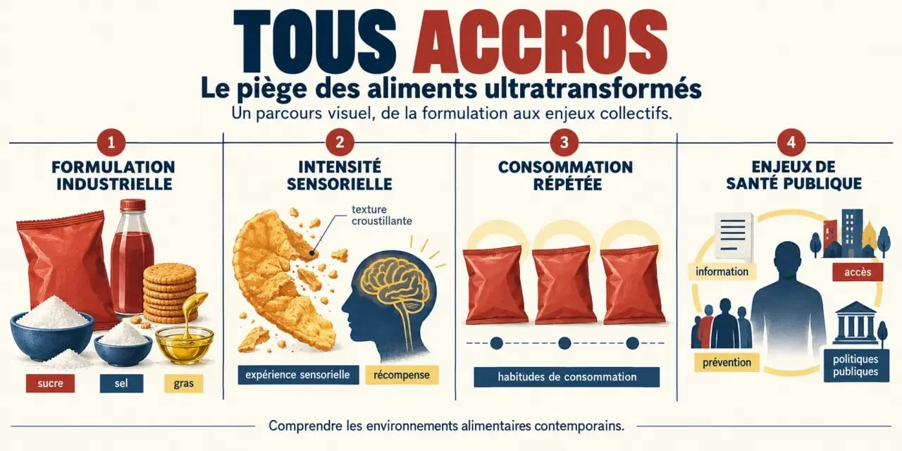 Infographie du documentaire Tous accros : le piège des aliments ultra transformés sur la formulation industrielle et la consommation répétée
