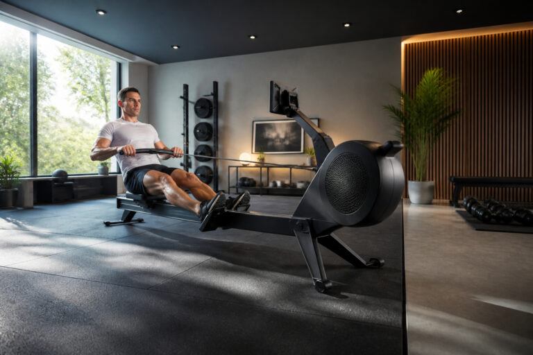 Homme rameur concentre dans une salle de sport moderne