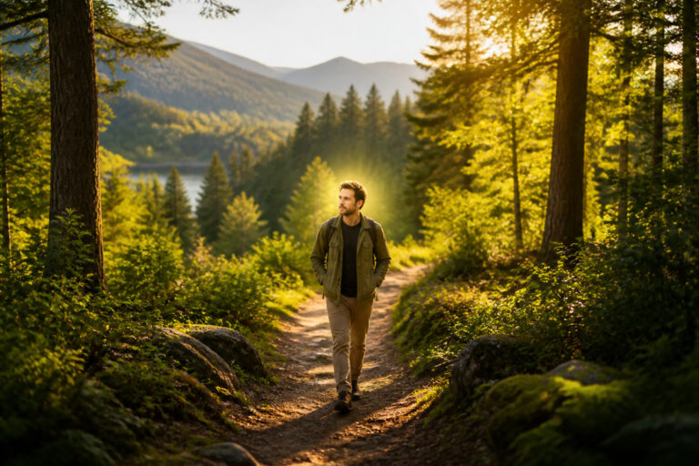 Serenite en foret au coucher du soleil