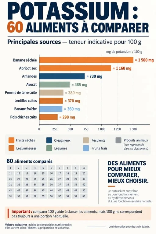 Les 60 aliments riches en potassium classés selon leur teneur pour 100 g