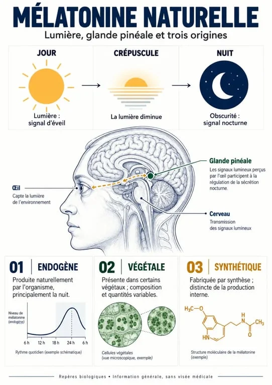 Infographie sur la mélatonine naturelle, son cycle jour-nuit et ses différentes origines