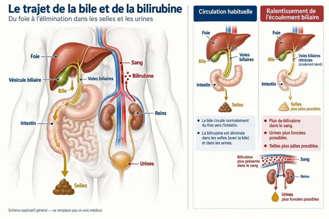 Schéma expliquant les signes qui montrent que votre foie est malade, avec le trajet de la bilirubine, de la bile, des urines et des selles