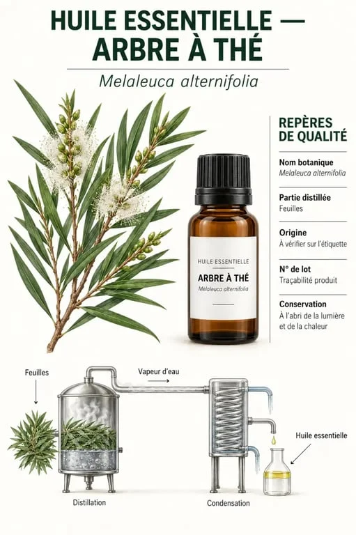 Infographie sur l’huile essentielle d’arbre à thé Melaleuca alternifolia, sa distillation et les critères de qualité