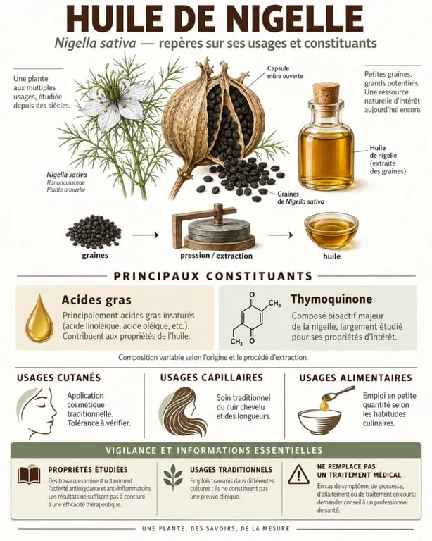 Infographie sur les bienfaits potentiels de l’huile de nigelle, sa composition et ses usages