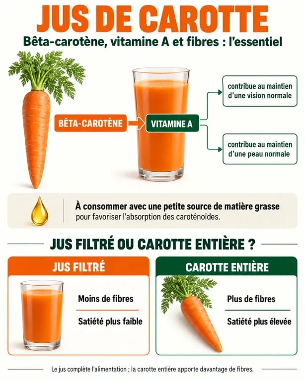 Infographie sur les bienfaits du jus de carotte, le bêta-carotène, la vision et les fibres