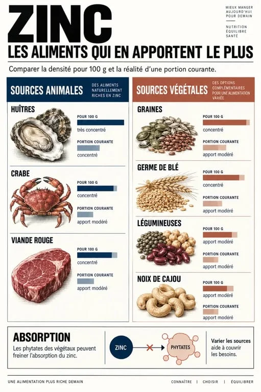 Infographie des aliments riches en zinc, des huîtres aux graines et légumineuses