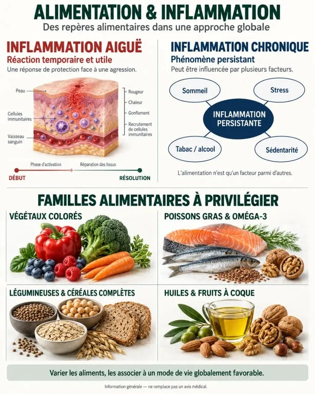 Infographie sur l’alimentation anti-inflammatoire, l’inflammation aiguë et chronique et les aliments à privilégier