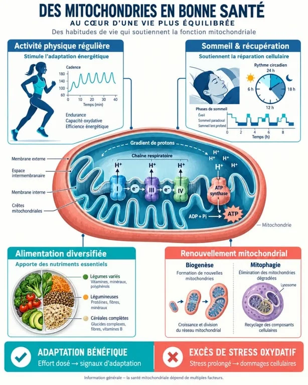 Infographie mitochondrie comment les augmenter : ATP, biogenèse, mitophagie et habitudes favorables
