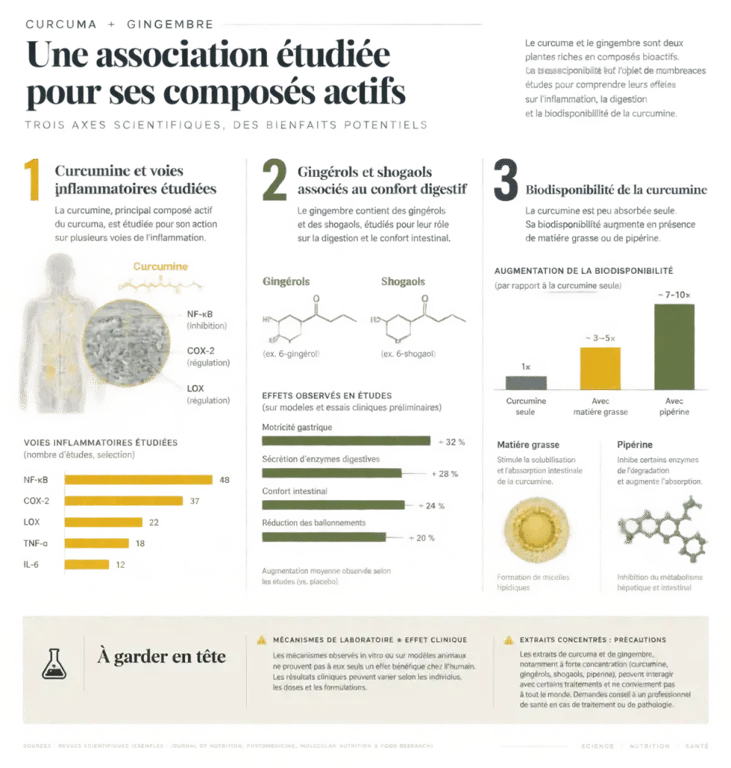 Infographie scientifique sur les bienfaits potentiels du curcuma et du gingembre, leurs composés actifs et leur biodisponibilité