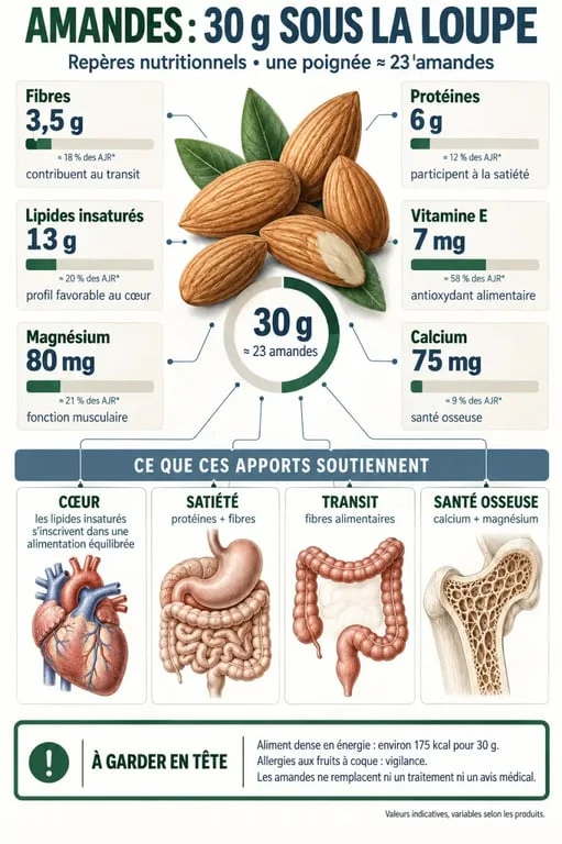 Infographie sur les bienfaits des amandes et leurs apports nutritionnels pour une portion de 30 g