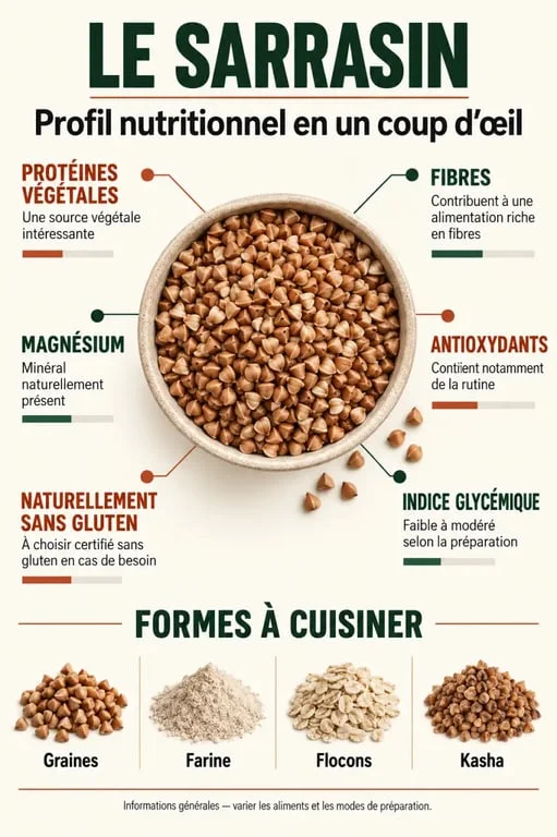Infographie sur les bienfaits du sarrasin, ses fibres, protéines, minéraux et formes de consommation