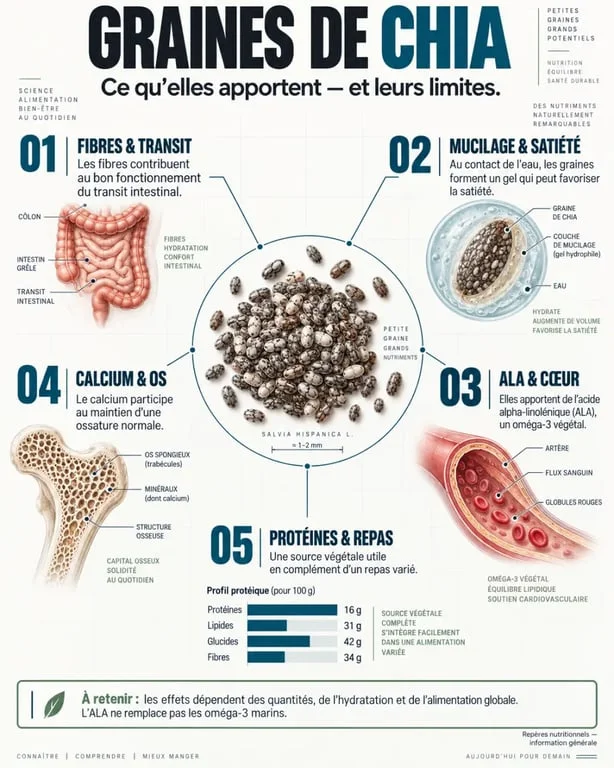 Infographie sur les bienfaits graines de chia, leurs fibres, oméga-3 ALA, protéines et minéraux